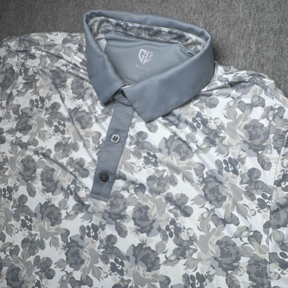 GRAHAM LUXE Golf Polo Shirt Mens White L Steel Grey Floral Performance Lucas